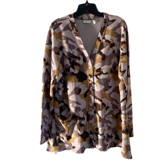 LOGO Lounge by Lori Goldstein Tunic Button Down Top in Army Abstract Print Sz L - Picture 2 of 9